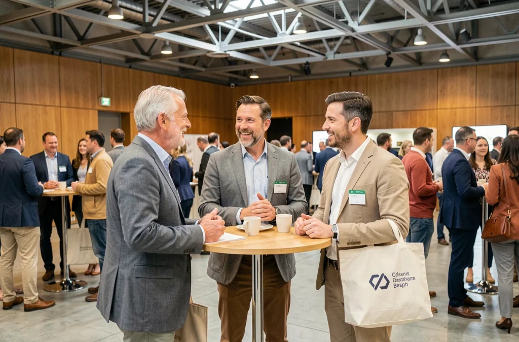 Groupe de professionnels de PME échangeant lors d'un événement de networking B2B, illustrant l'accélération des ventes grâce aux mises en relation via Network-Entreprise.fr