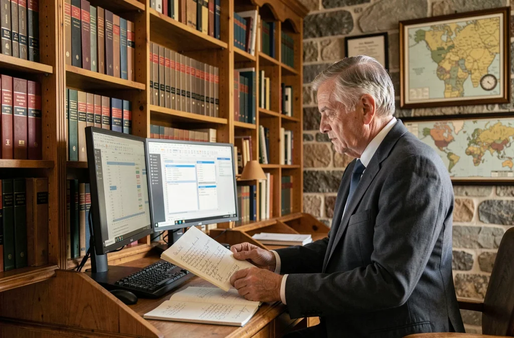 Expert-comptable de la Fiduciaire des Allobroges dans un bureau alliant tradition et modernité, consultant des notes manuscrites et des tableurs numériques