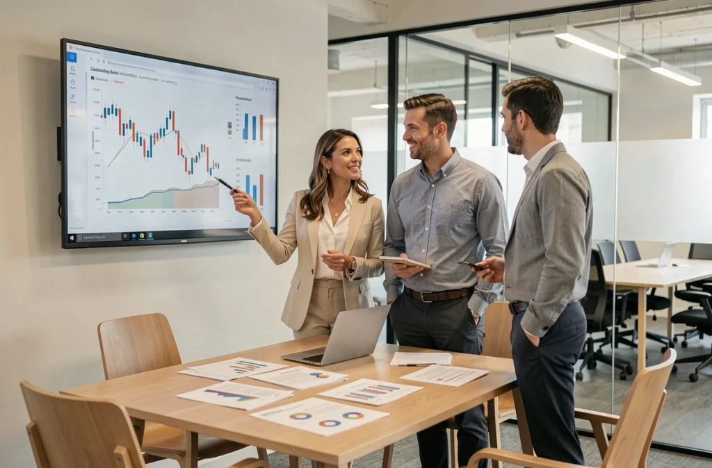 Deux experts-comptables de Forvis Mazars Annecy collaborant autour de graphiques financiers dans un bureau moderne et lumineux