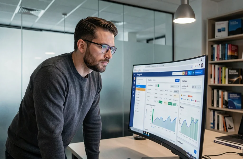 Stratège digital d'Hémisphère Web analysant des données Google Ads sur grand écran courbe en agence