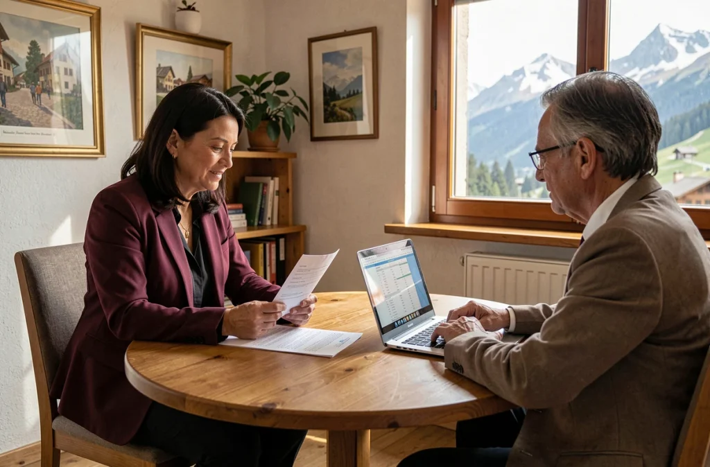 Experte-comptable d'In Extenso Sallanches en réunion avec un client PME autour de documents fiscaux dans un bureau chaleureux avec vue alpine