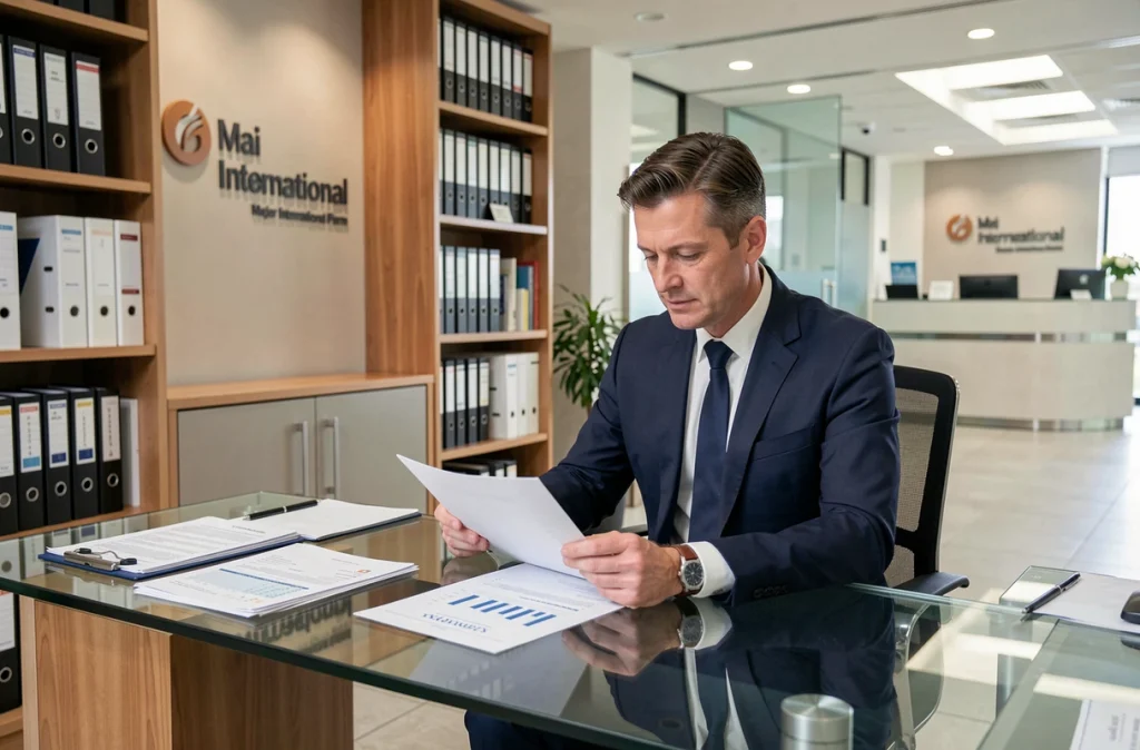 Professionnel en costume dans les bureaux modernes et corporatifs de KPMG Annecy, consultant des rapports financiers à son bureau en verre