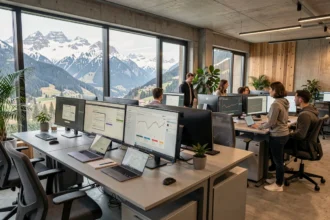 Équipe d'une agence web en Haute-Savoie travaillant dans un bureau moderne avec vue sur les Alpes