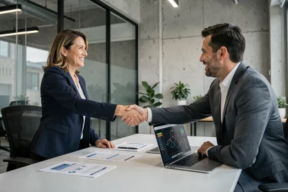 Deux dirigeants de PME se serrent la main lors d'une mise en relation professionnelle dans un bureau moderne, symbolisant un partenariat commercial réussi grâce à Network-Entreprise.fr