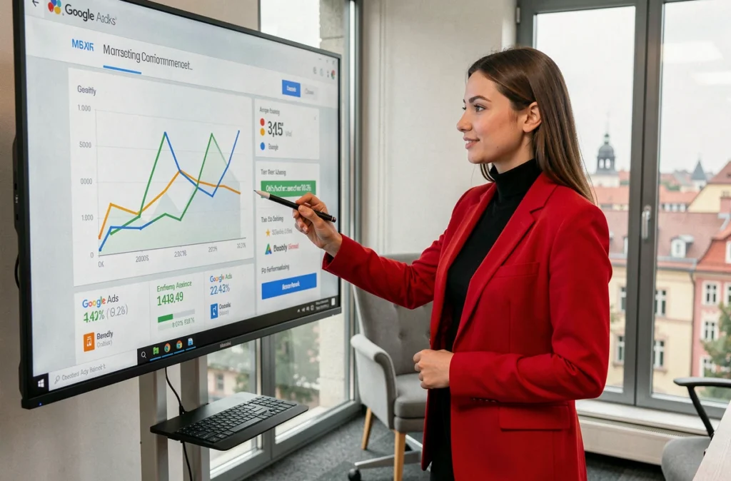 Consultante en communication de My Client is Rich présentant des résultats de campagne Google Ads en agence