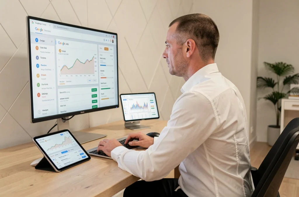 Fondateur d'agence NEWP consultant des données Google Ads sur grand écran dans un bureau minimaliste