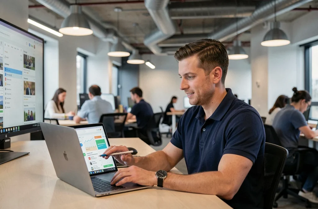 Consultant digital de One Online gérant des campagnes Google Ads sur ordinateur portable dans un espace de coworking