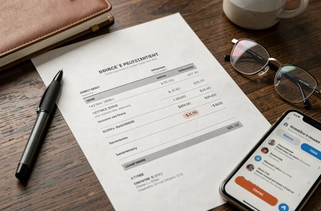 Relevé bancaire professionnel imprimé montrant une ligne de prélèvement B2B DGFiP avec stylo et smartphone sur bureau en bois