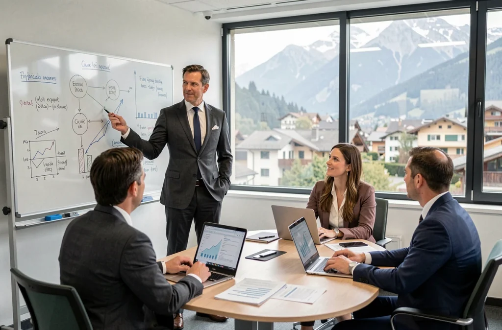Consultant senior de Saint Markand Conseil animant une réunion stratégique devant un tableau blanc financier avec une équipe de collaborateurs dans des bureaux contemporains