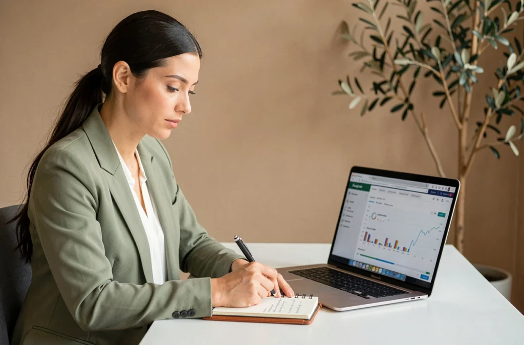 Sarah El Gharbi, consultante SEO indépendante, analysant des données Google Ads et SEO dans son bureau