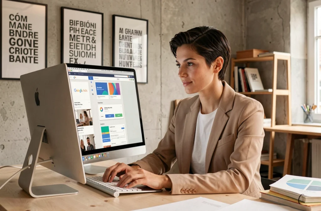 Designer créative de Studio Seja travaillant sur des visuels publicitaires et des créations pour Google Ads
