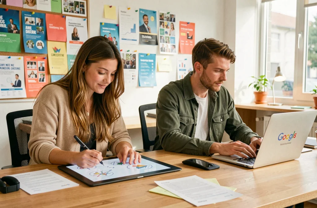 Duo créatif de l'agence Tiz travaillant simultanément sur des concepts publicitaires et des campagnes Google Ads