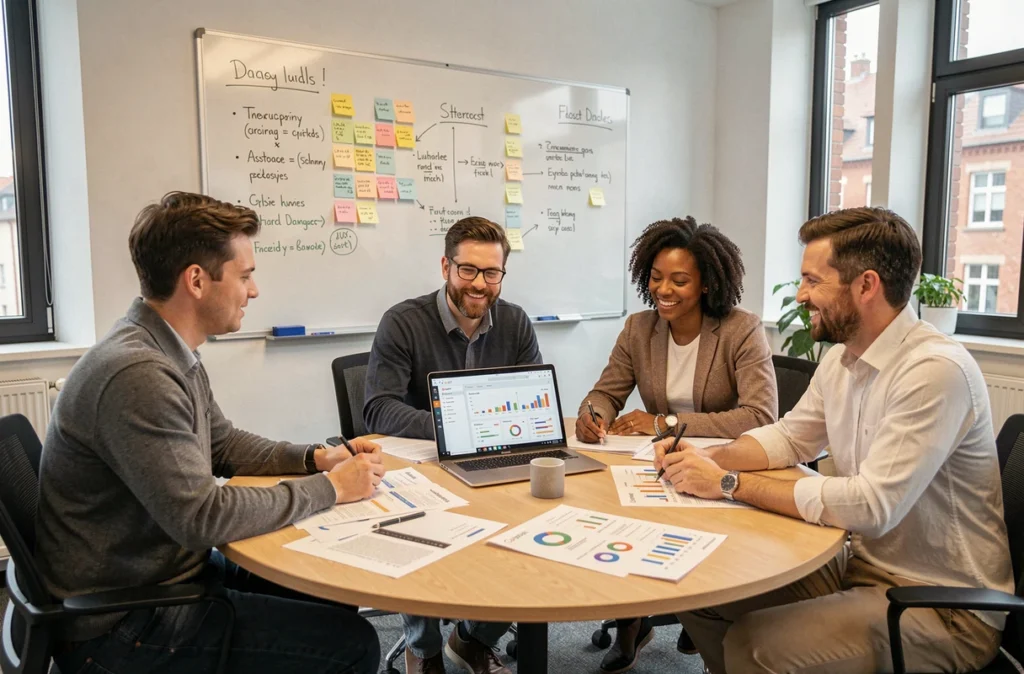 Équipe marketing d'Umane collaborant autour de rapports Google Ads et de stratégies digitales en agence
