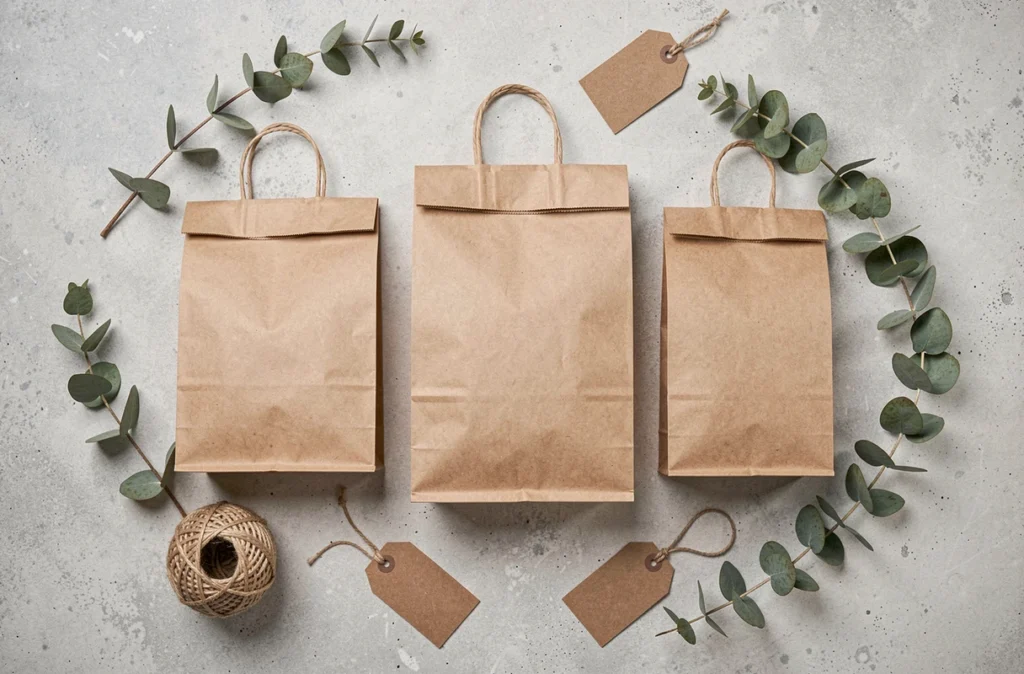 Assortiment de sacs en papier kraft de différentes tailles disposés en flat lay avec décoration naturelle sur béton