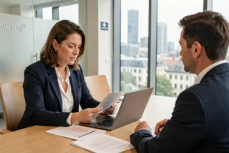 Consultante RH discutant de l'externalisation des ressources humaines avec un dirigeant de PME suisse dans une salle de réunion moderne