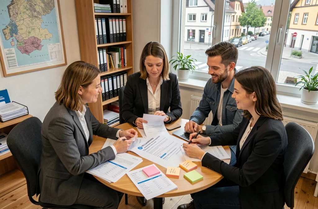 Équipe pluridisciplinaire d'une PME suisse collaborant sur un projet d'externalisation des ressources humaines autour d'une table de travail