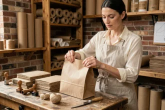 Femme artisane pliant des sacs en papier kraft dans un atelier de packaging artisanal en bois et brique
