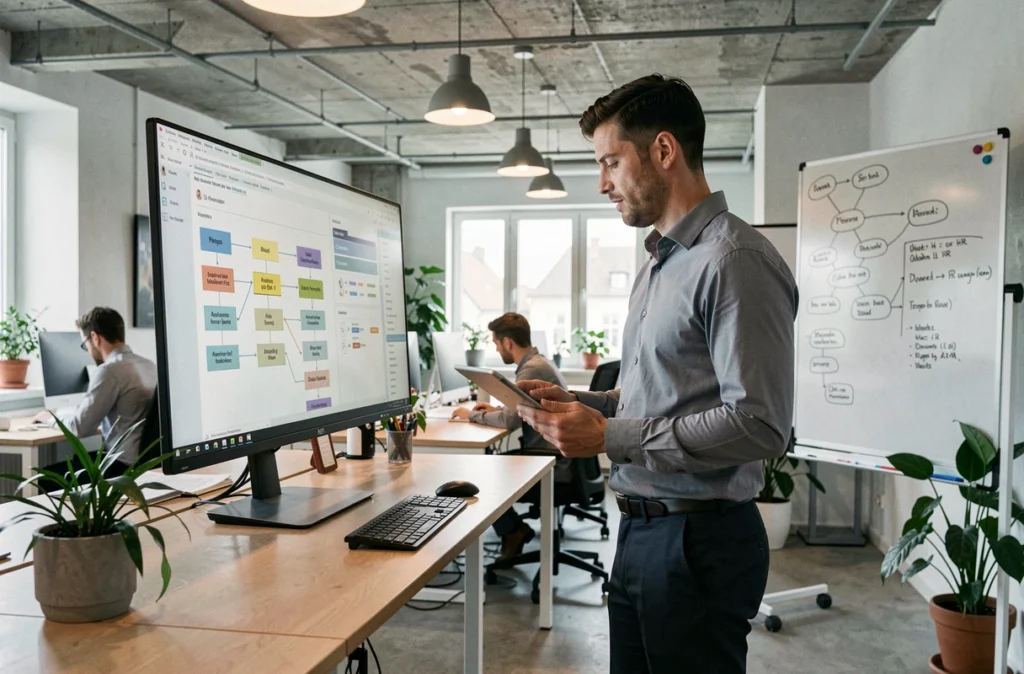 Spécialiste en externalisation RH analysant des processus de gestion du personnel dans un espace de coworking à Zurich